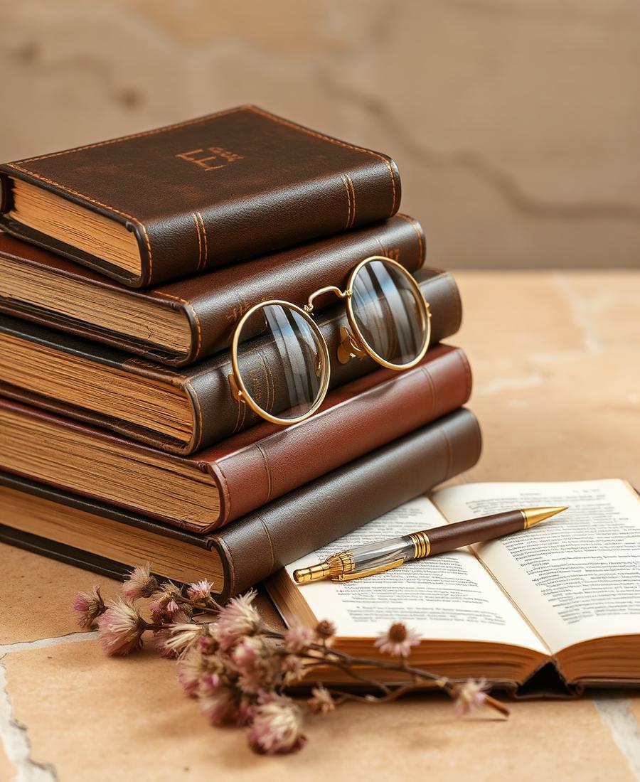 Stack of leather-bound classic books with reading glasses