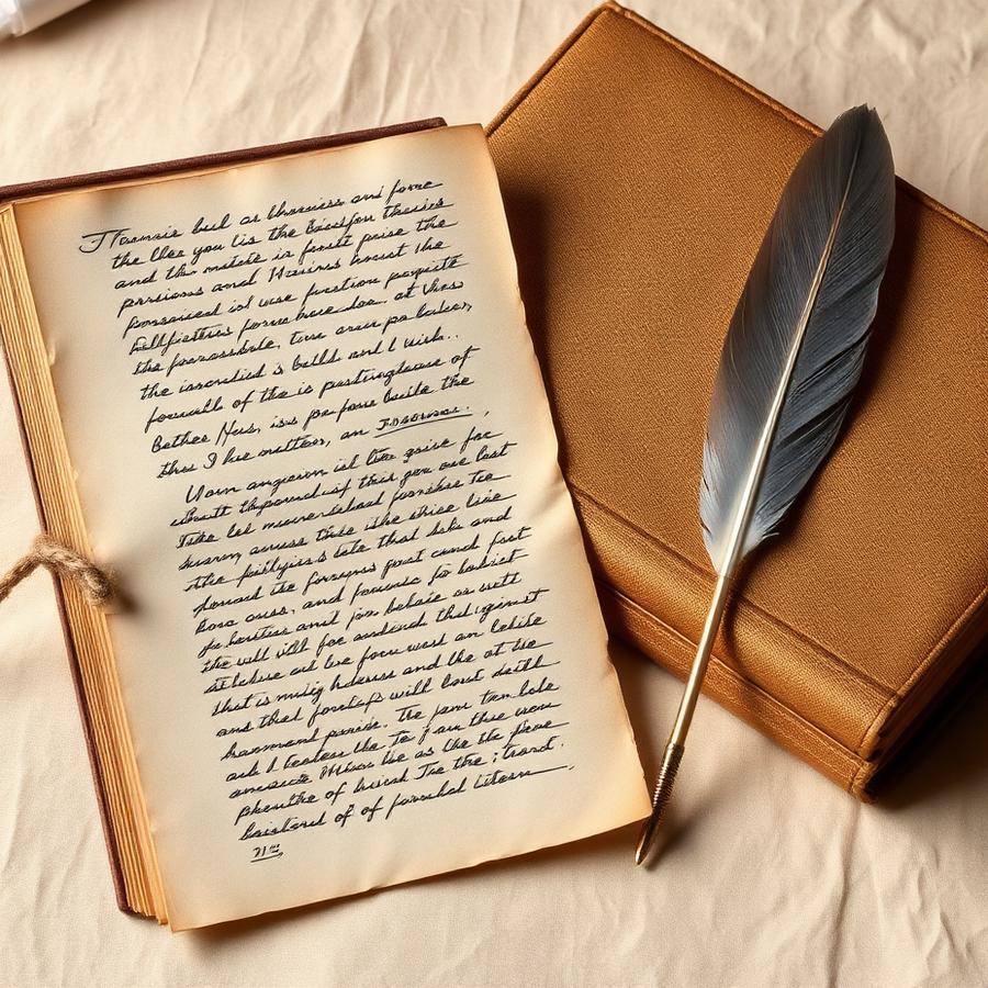 Handwritten Renaissance letter and quill pen beside a cloth-bound book