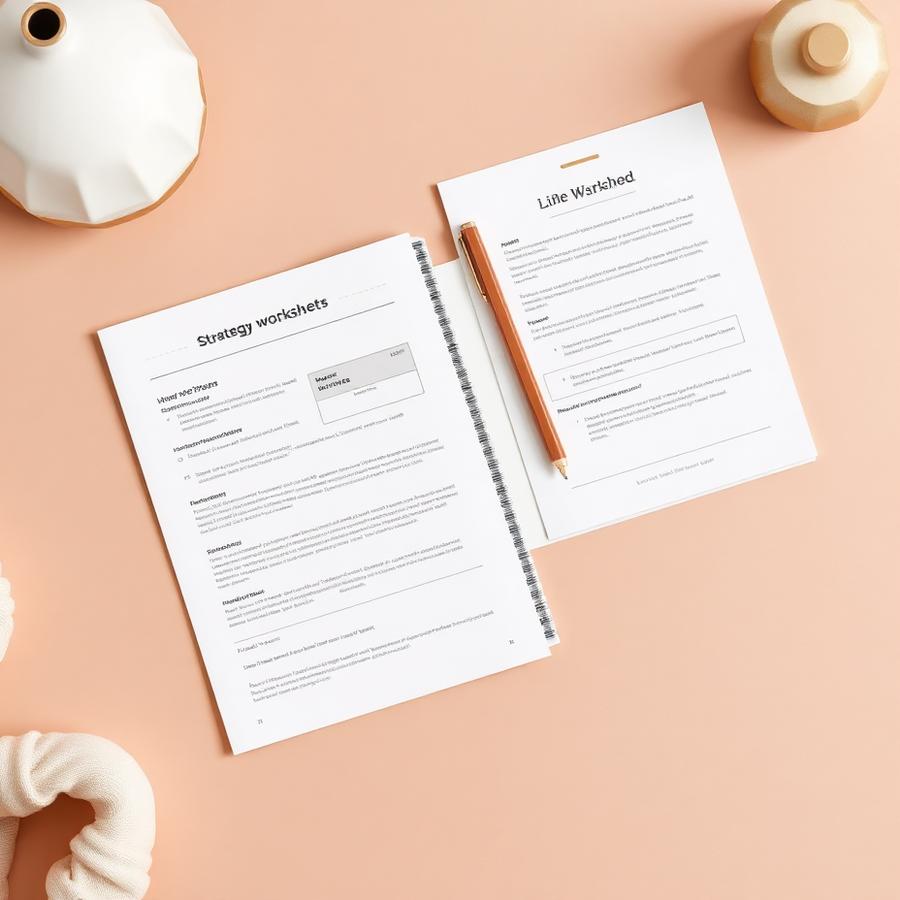 Printed strategy worksheet templates laid out on a desk
